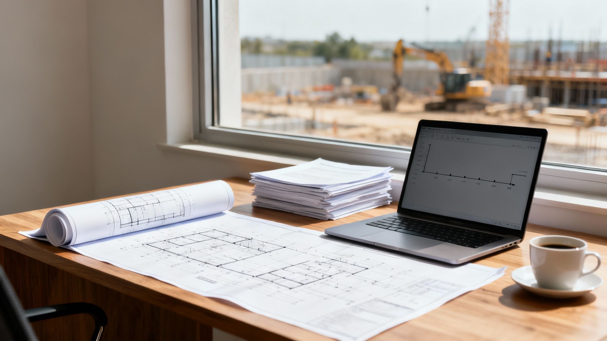 Bureau d'ingénieur ou architecte avec plans de construction, ordinateur portable, documents et tasse de café devant un chantier.