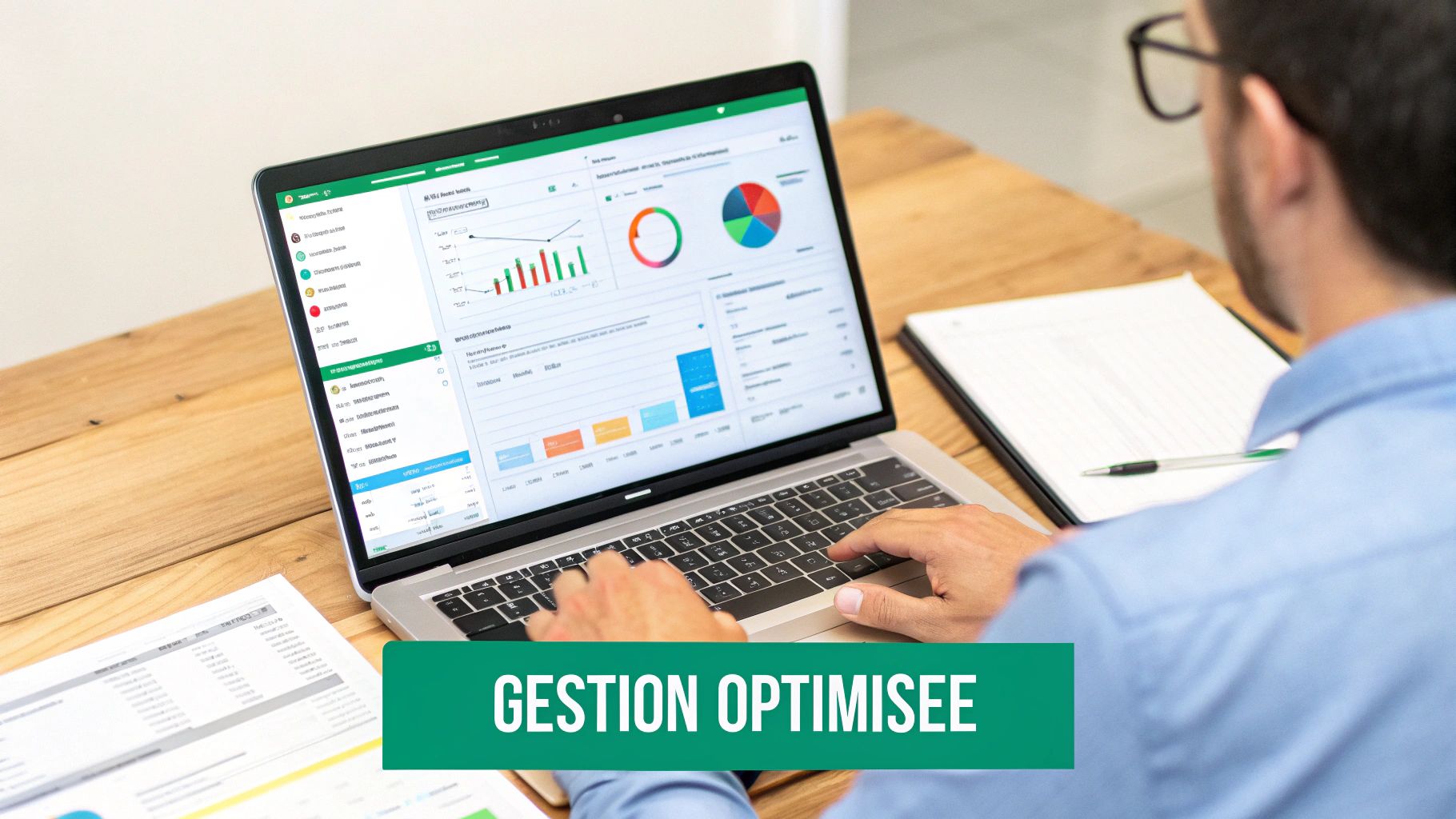 Professionnel analysant des tableaux de bord et des graphiques sur son ordinateur portable pour une gestion optimisée.