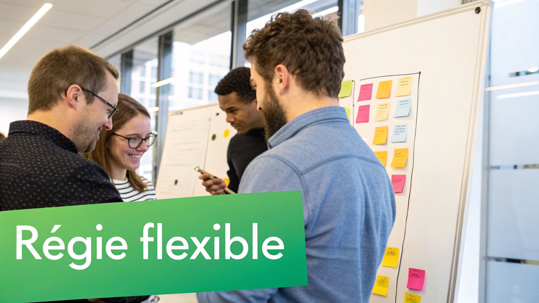 Des collègues discutent devant un tableau blanc rempli de post-its, avec le texte « Régie flexible ».
