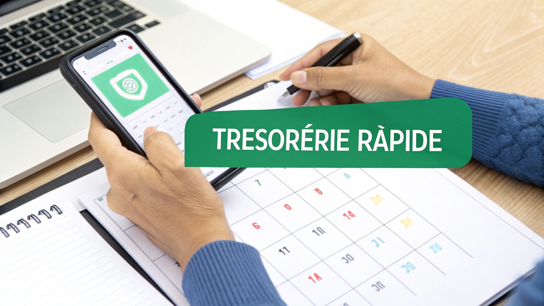 Une personne gère ses finances avec un smartphone et un calendrier, affichant 'Trésorerie Rapide'.