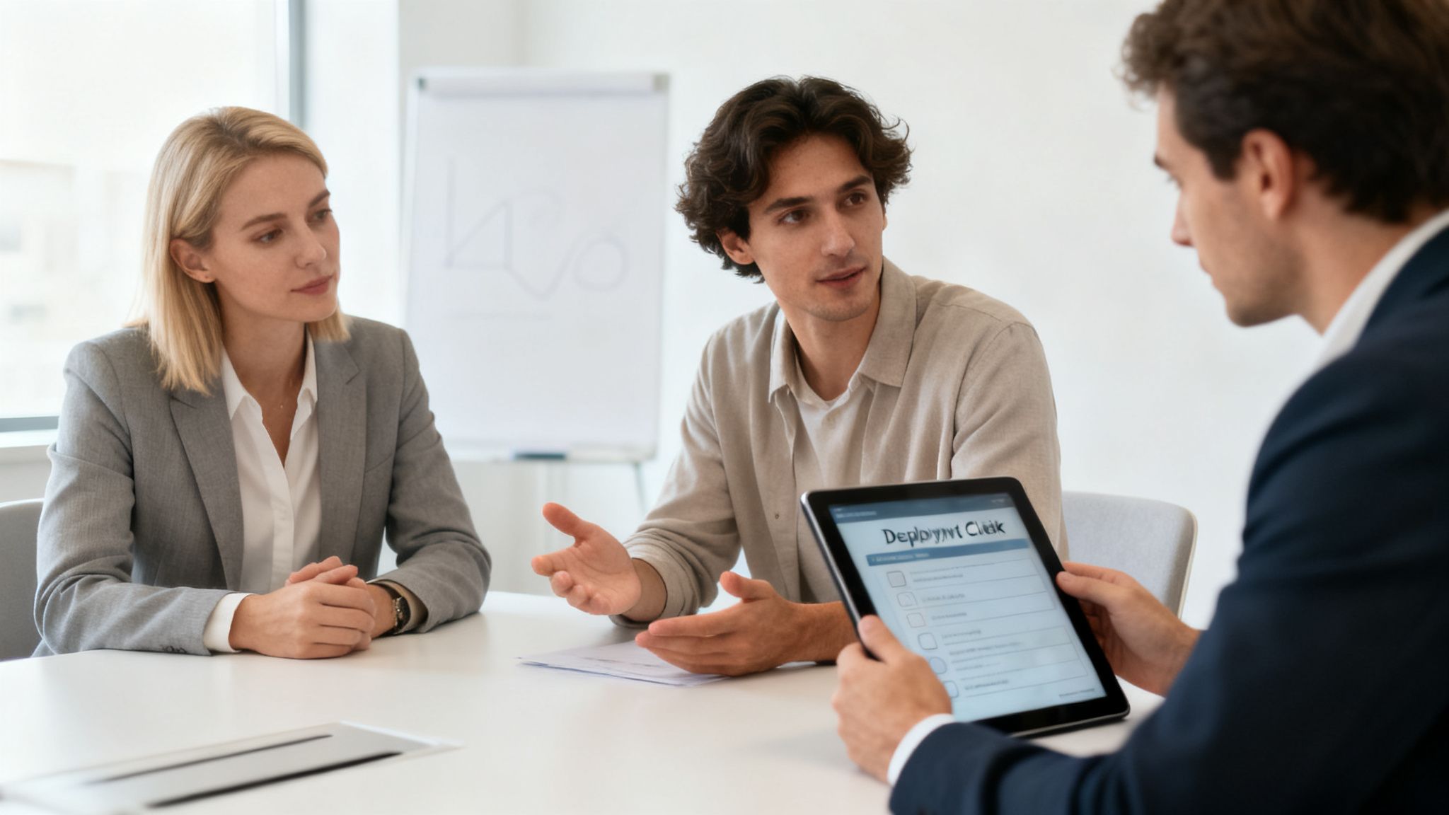 Trois professionnels discutent lors d'une réunion d'affaires, l'un consultant une tablette avec une liste de contrôle.