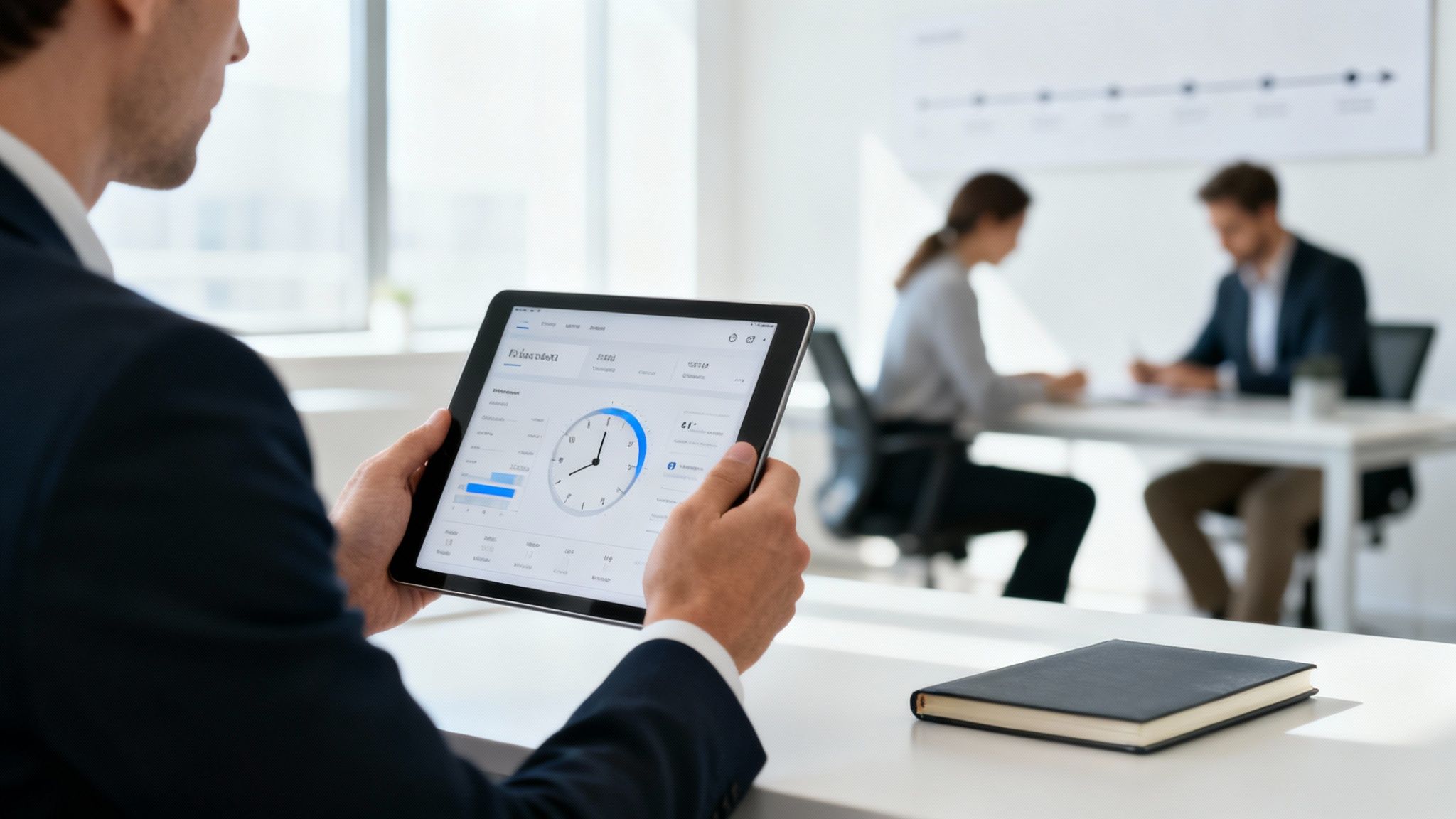 Un homme d'affaires en costume utilise une tablette affichant un tableau de bord de projet, avec des collègues en réunion.