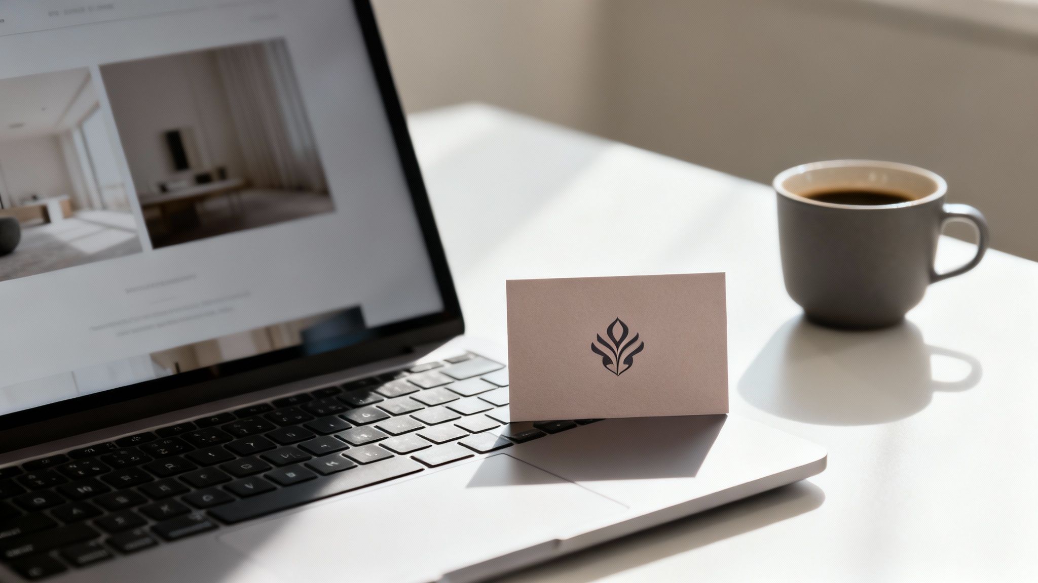 Un ordinateur portable ouvert, une carte de visite avec un logo et une tasse de café sur un bureau blanc et lumineux.