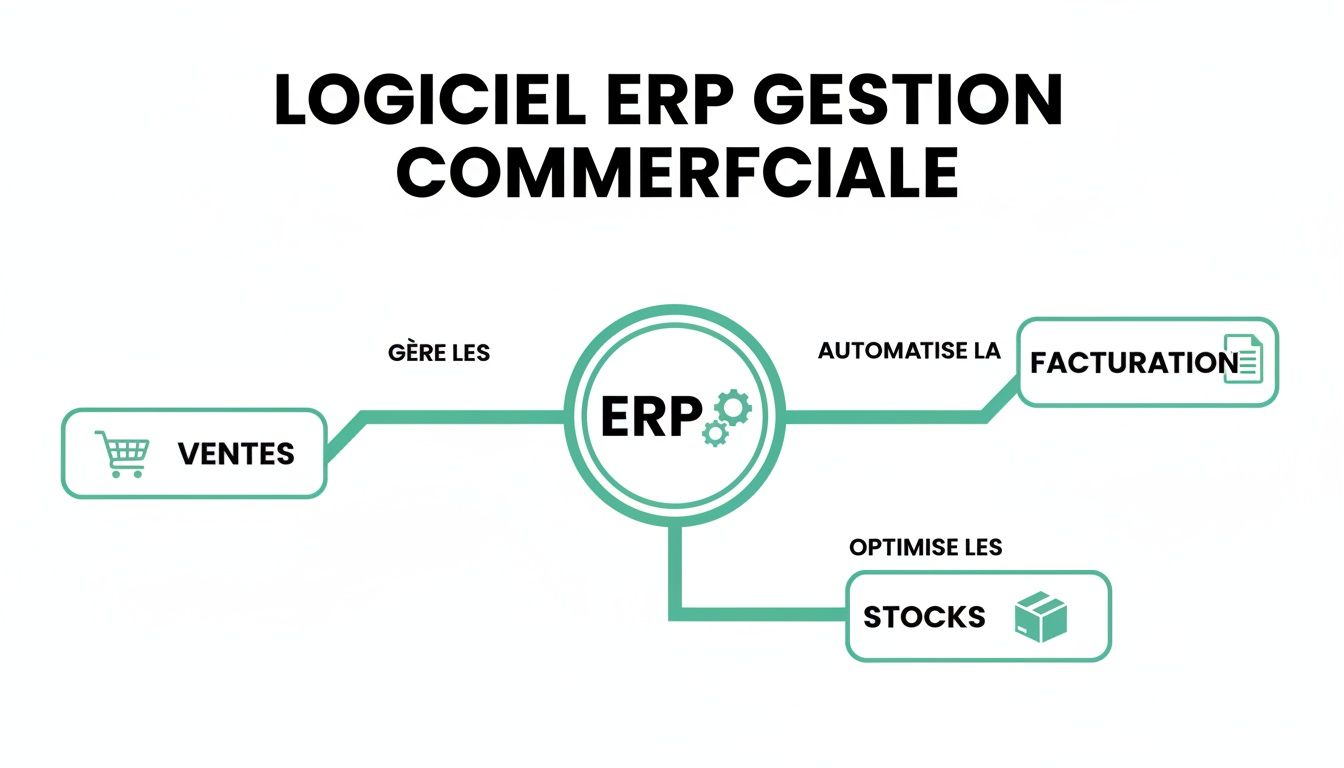 Diagramme illustrant un logiciel ERP gérant les ventes, automatisant la facturation et optimisant les stocks commerciaux.