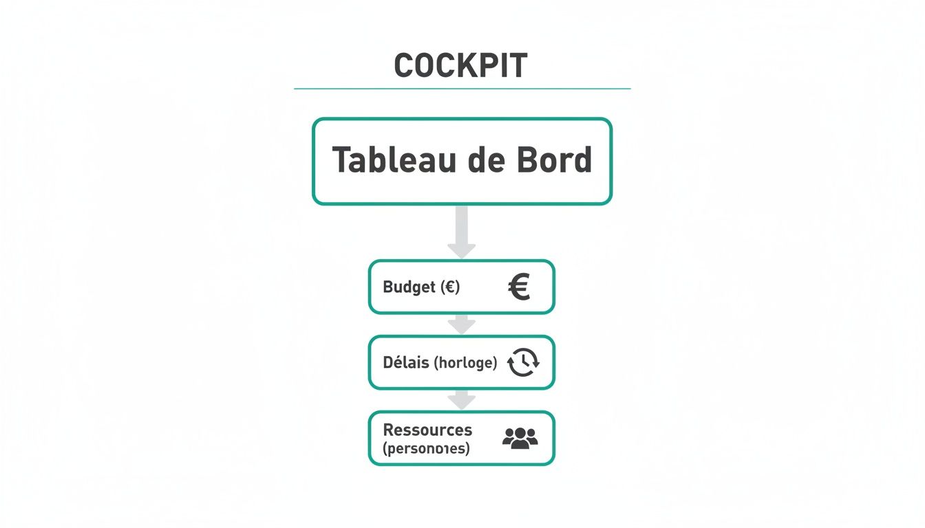 Schéma illustrant le cockpit de gestion de projet avec tableau de bord, budget, délais et ressources humaines.