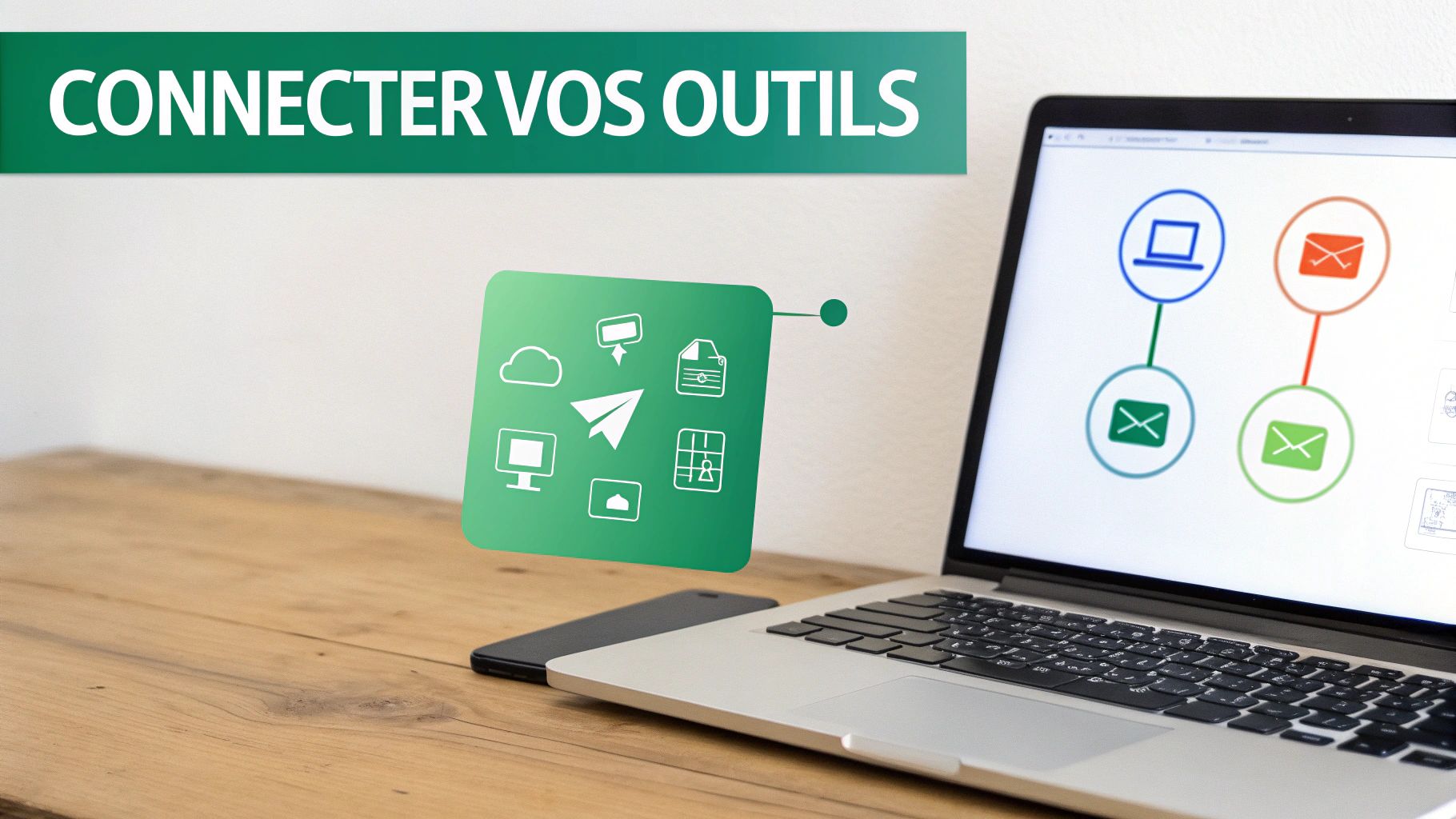 Un ordinateur portable sur un bureau en bois, affichant des icônes de connexion d'outils numériques. Le texte 'CONNECTER VOS OUTILS' est sur une bannière verte.