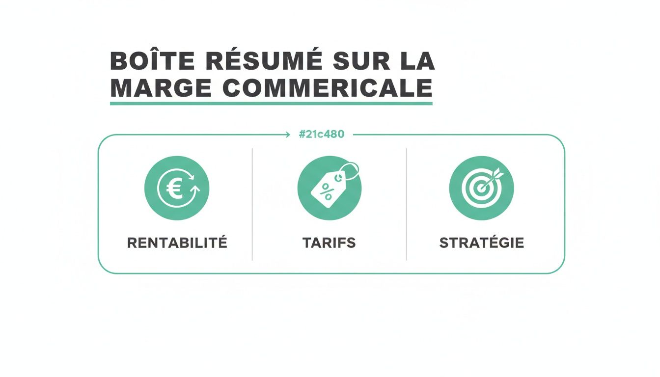 Boîte récapitulative sur la marge commerciale avec des icônes pour la rentabilité, les tarifs et la stratégie.