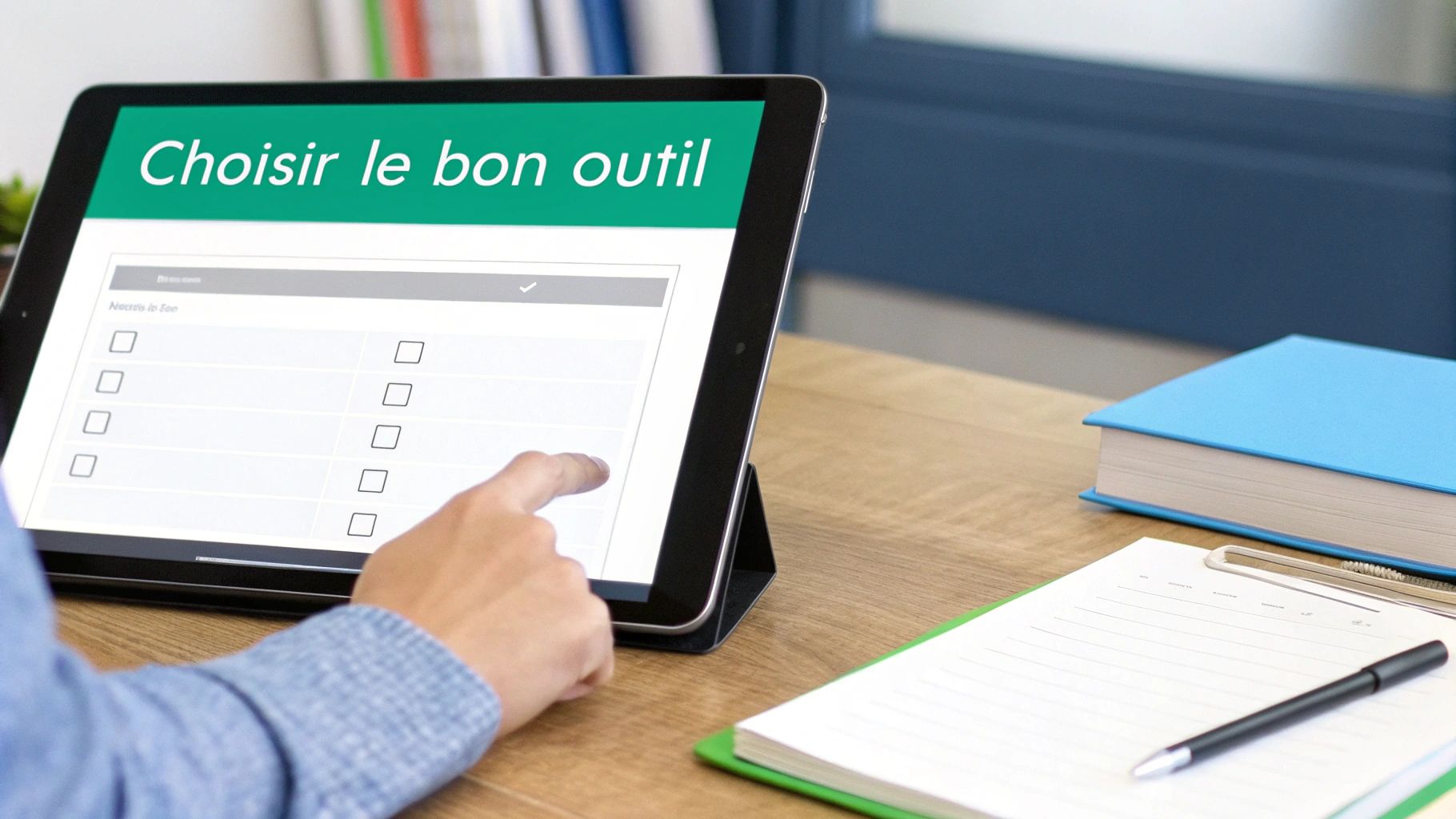 Une personne choisissant des options sur une tablette affichant 'Choisir le bon outil', avec un carnet et un livre.