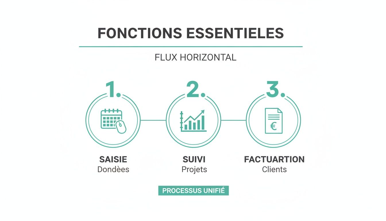 Infographie des fonctions essentielles du logiciel: saisie de données, suivi de projets et facturation clients. Un processus unifié.