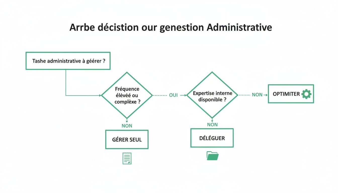 Un arbre de décision pour la gestion des tâches administratives, guidant vers l'optimisation ou la délégation.