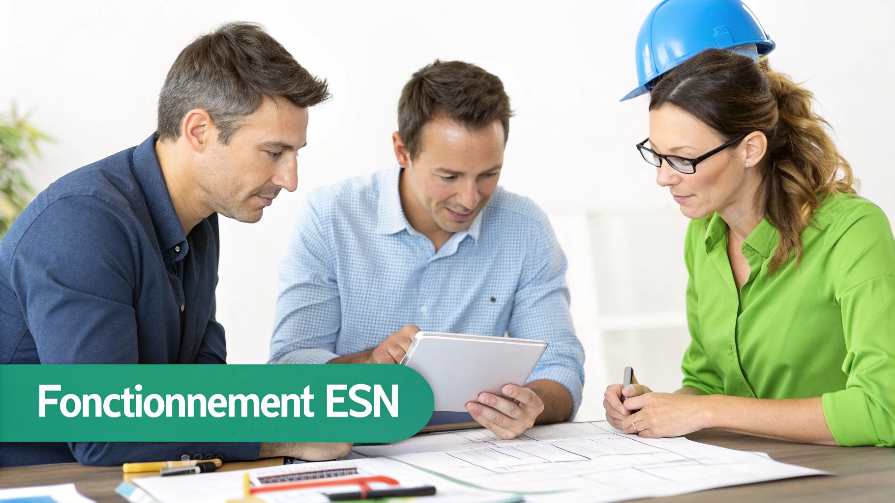 Trois professionnels, dont deux hommes et une femme avec un casque, collaborent autour de plans et d'une tablette.