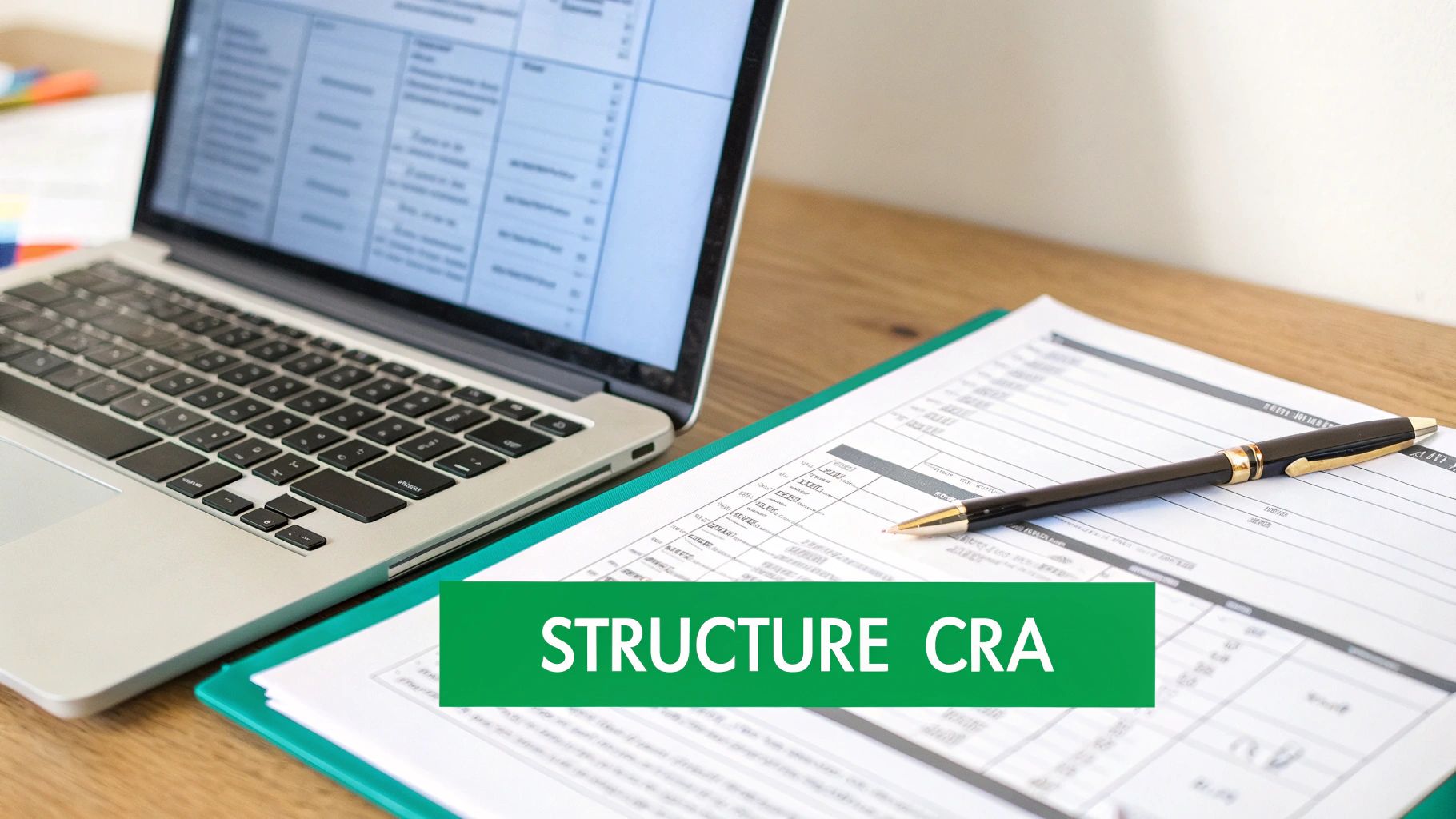 Ordinateur portable ouvert, documents et stylo sur un bureau en bois, avec le texte "STRUCTURE CRA".