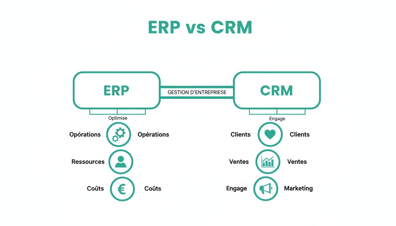 Diagramme expliquant les différences et les objectifs des logiciels ERP (opérations, ressources, coûts) et CRM (clients, ventes, marketing).