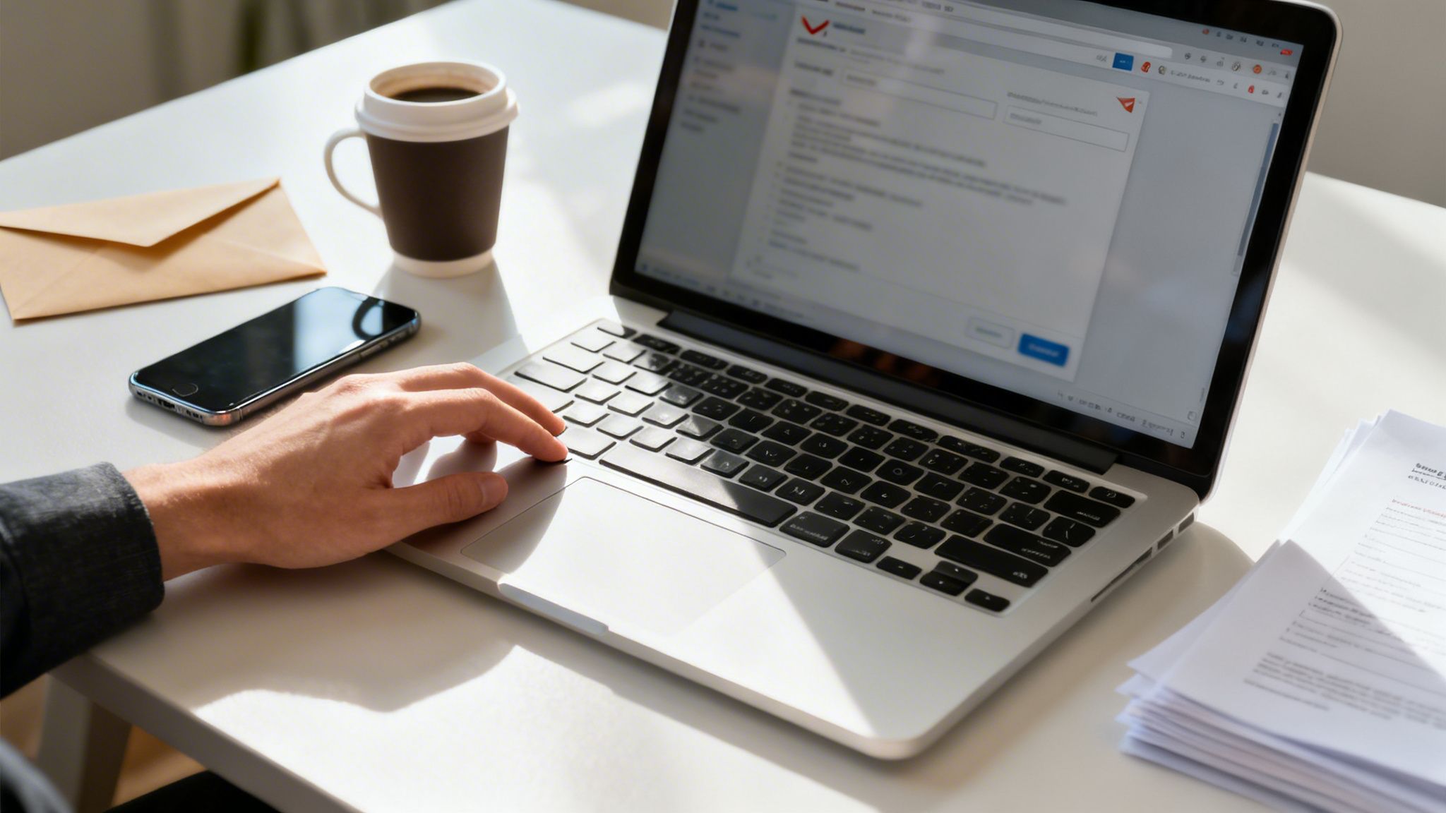 Main d'une personne tapant sur un ordinateur portable sur un bureau blanc avec café, téléphone et documents.