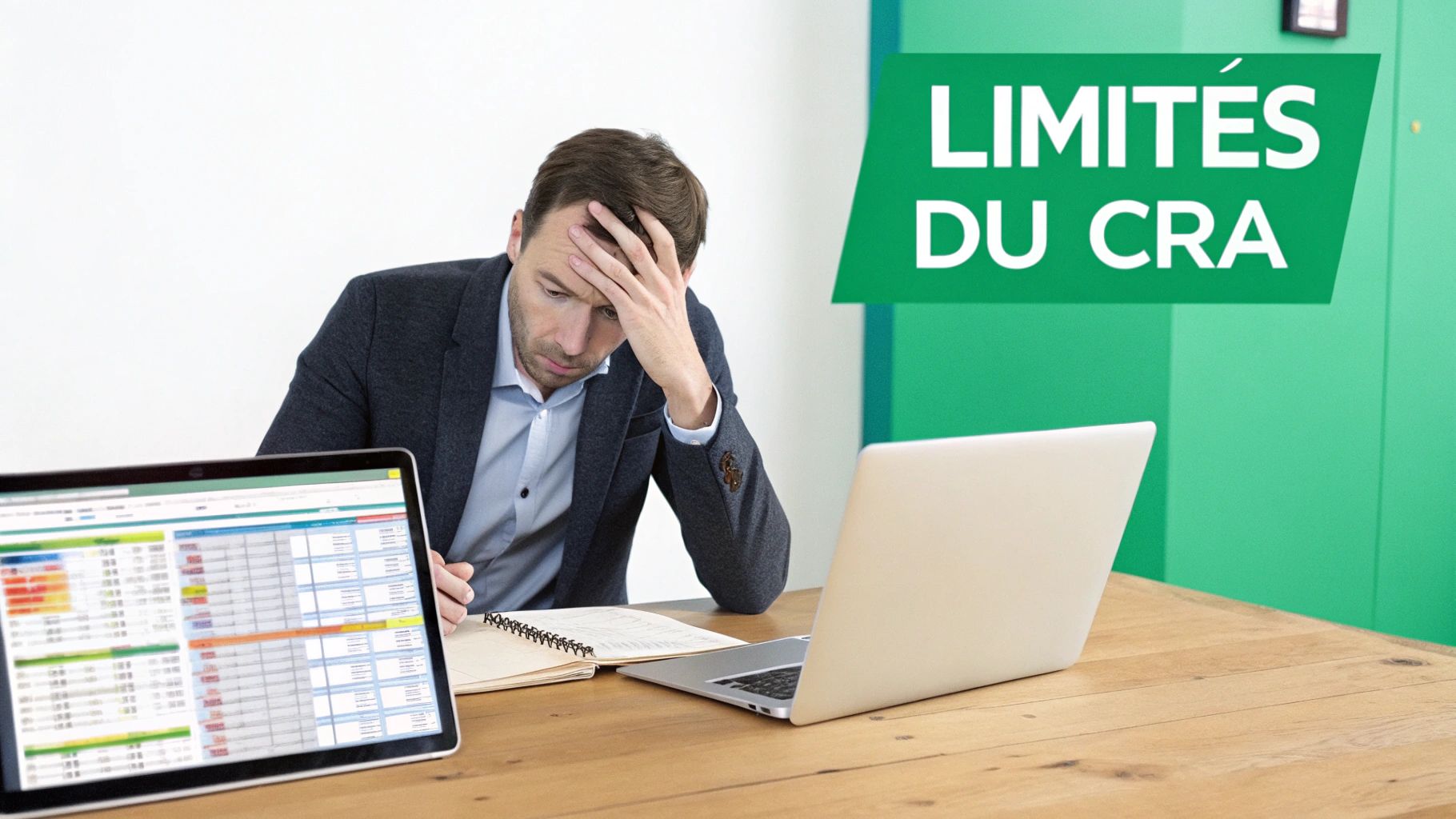 Un homme d'affaires stressé devant des ordinateurs et des documents, avec un texte "LIMITES DU CRA".