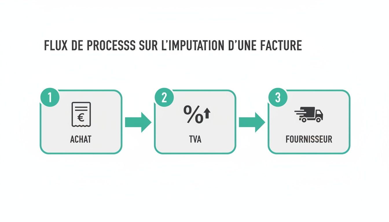 Schéma de processus illustrant l'imputation d'une facture, de l'achat à la TVA et au fournisseur.