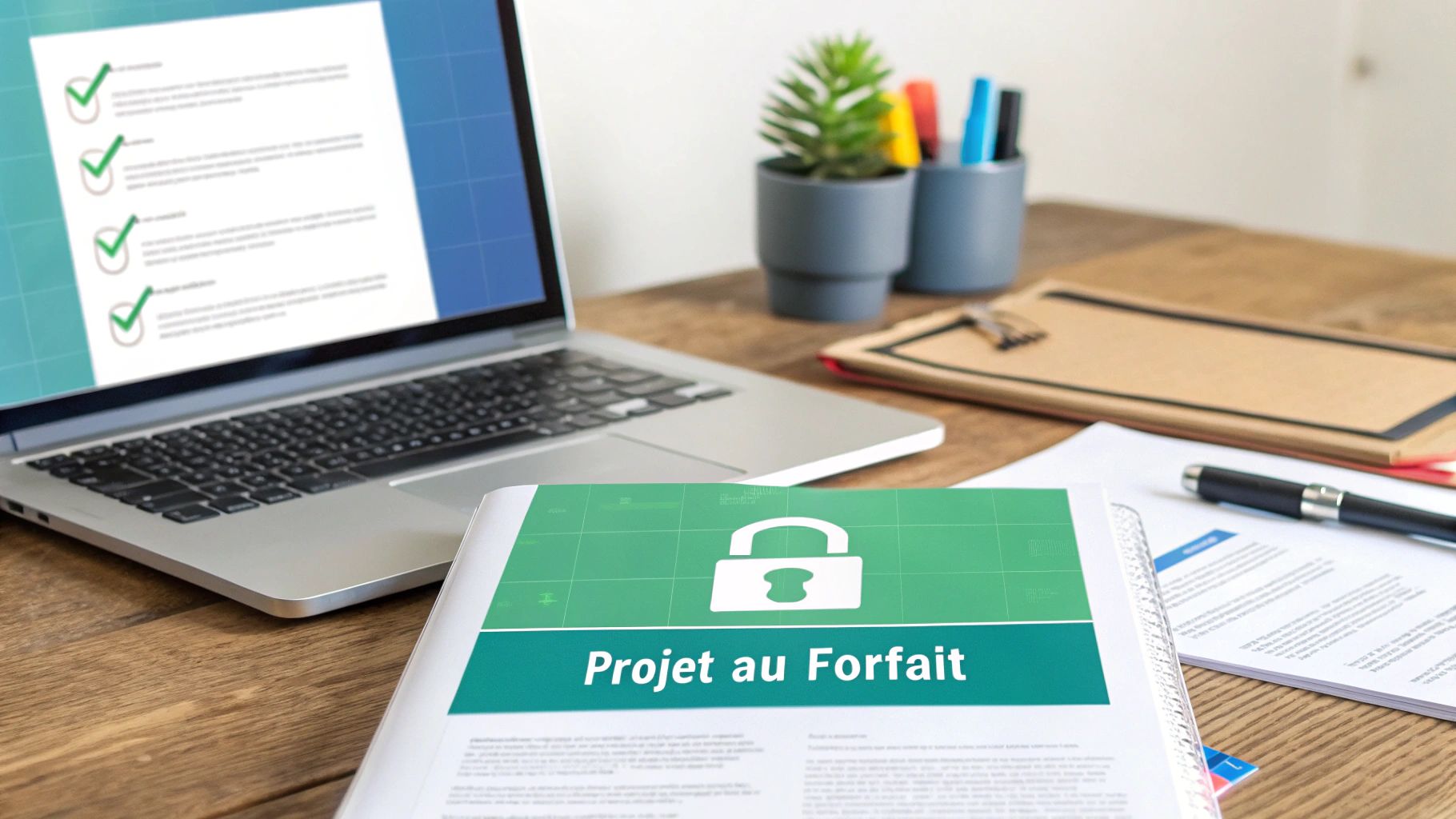 Un bureau avec un ordinateur portable affichant une checklist, un document «Projet au Forfait» et des fournitures.