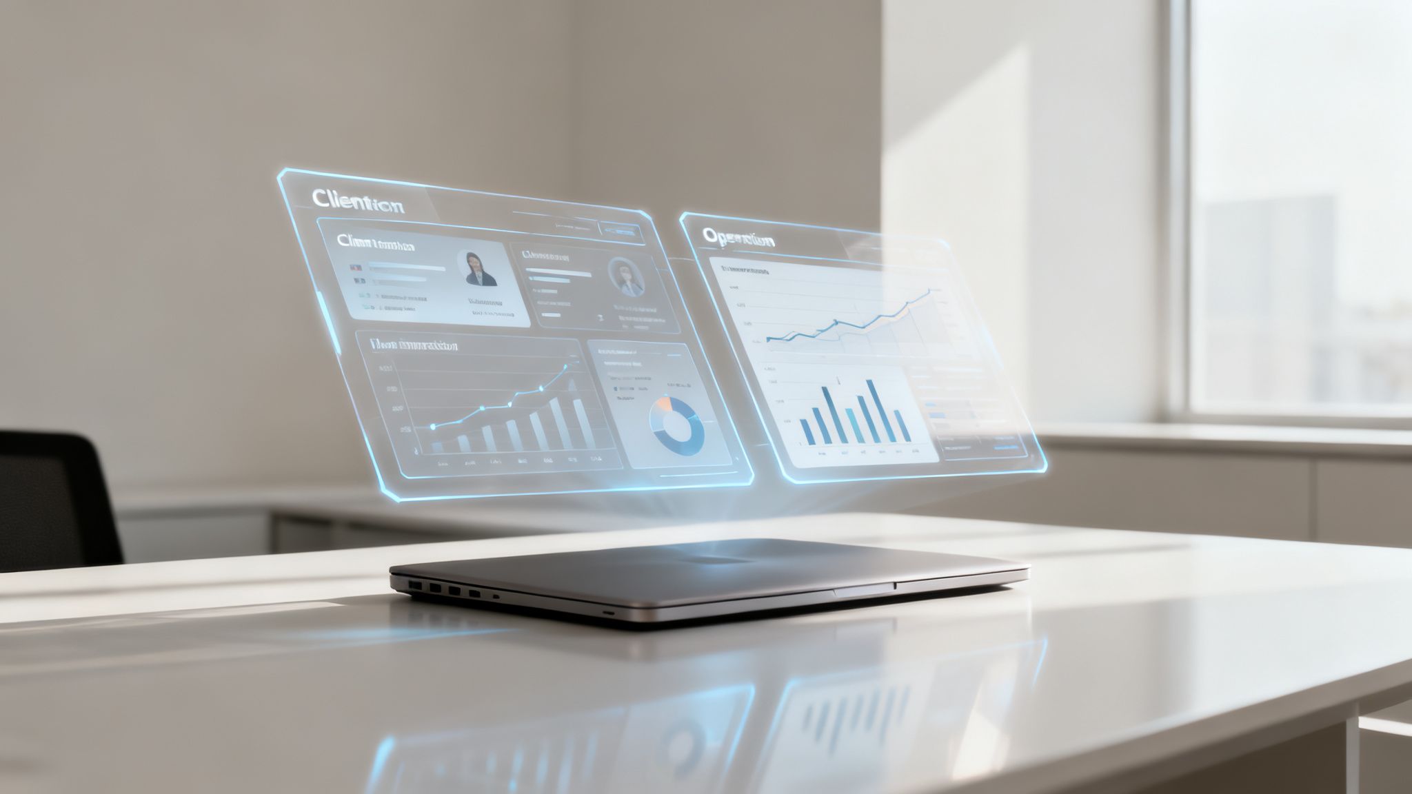 Un ordinateur portable sur un bureau blanc, projetant deux écrans holographiques avec des tableaux de bord financiers et opérationnels dans un bureau moderne.