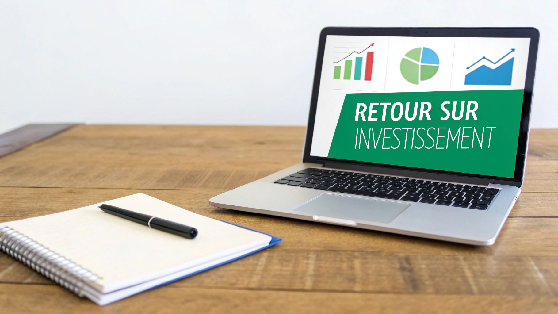 Ordinateur portable sur un bureau en bois affichant des graphiques de performance et "RETOUR SUR INVESTISSEMENT", avec un carnet et un stylo.