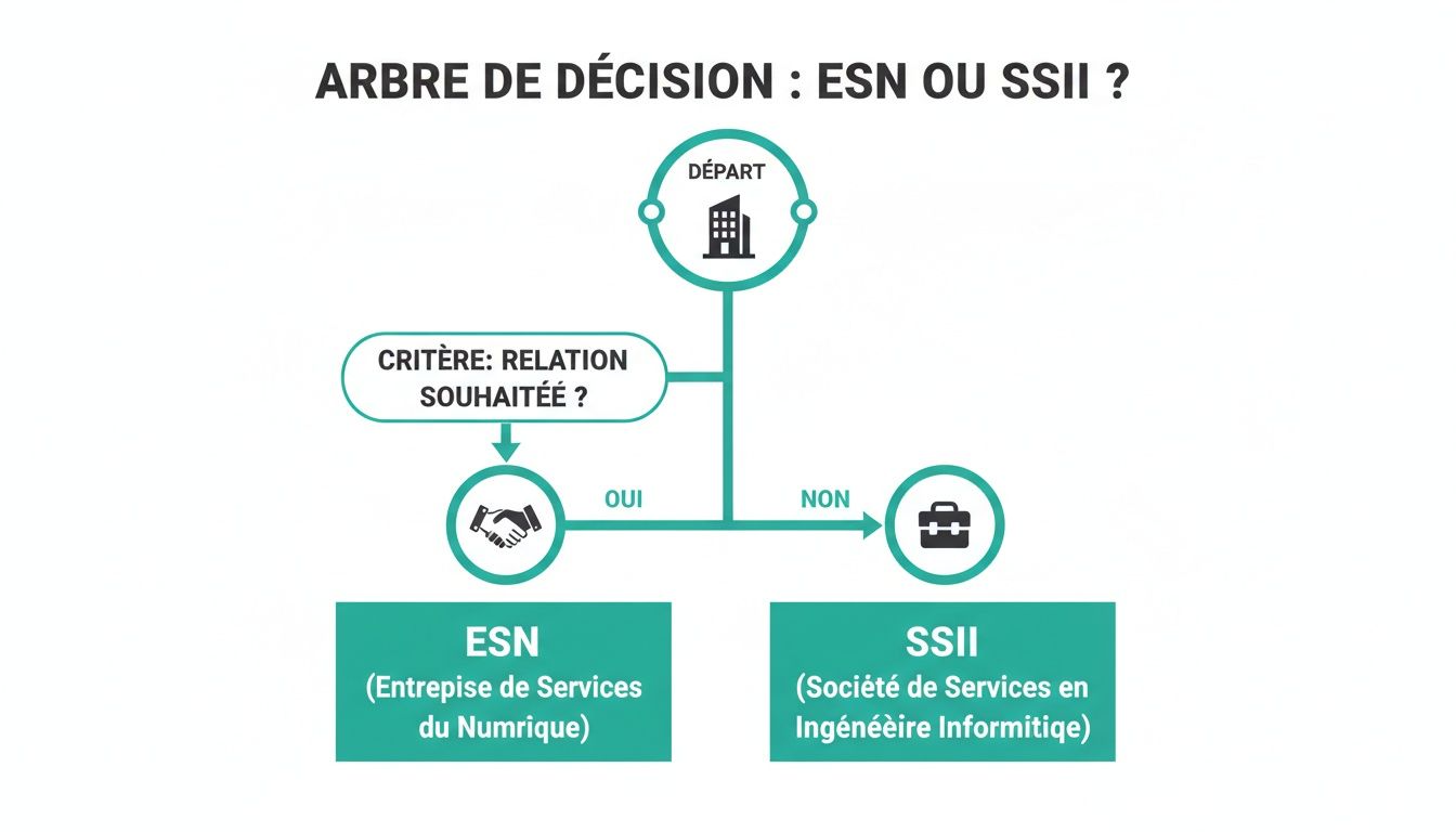 Arbre de décision comparant les entreprises ESN (Entreprise de Services du Numérique) et SSII (Société de Services en Ingénierie Informatique) selon la relation souhaitée.