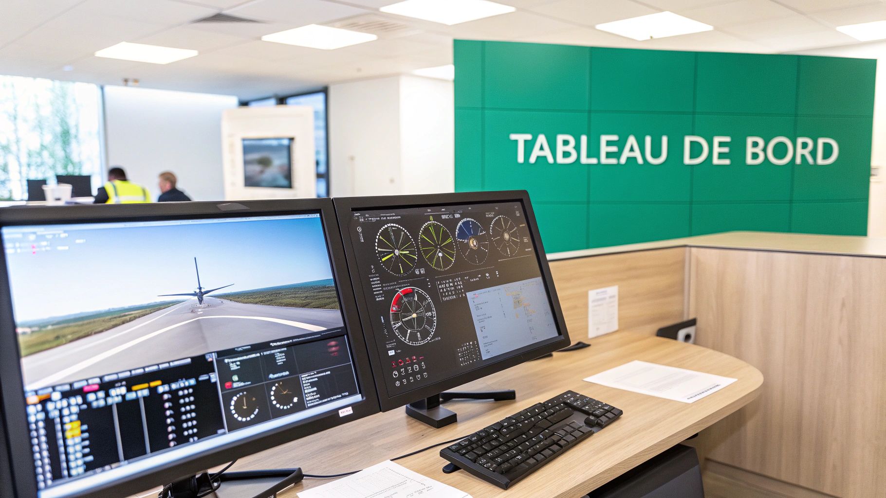 Deux écrans d'ordinateur affichant des données de vol et un avion sur une piste, dans un bureau moderne avec un mur vert intitulé 'TABLEAU DE BORD'.