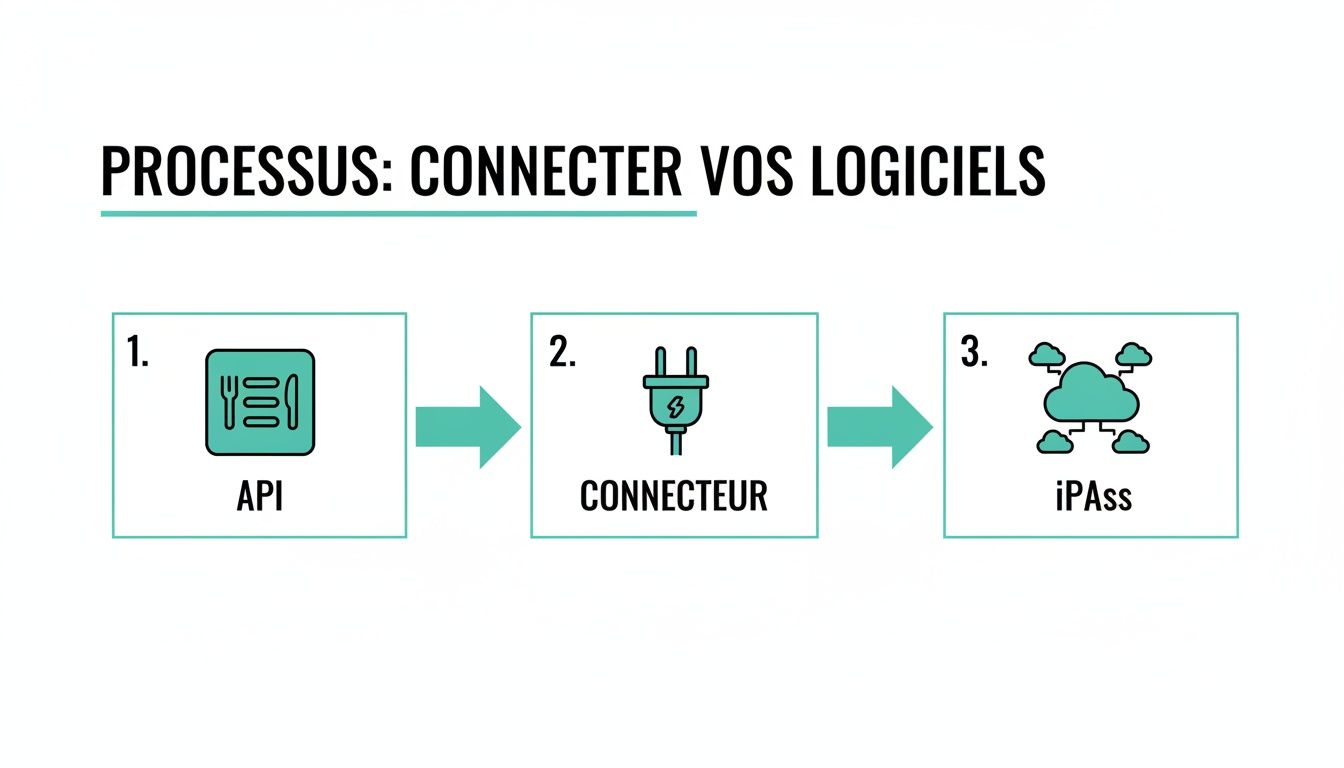 Diagramme illustrant le processus de connexion de logiciels en trois étapes : API, Connecteur, et iPaaS.