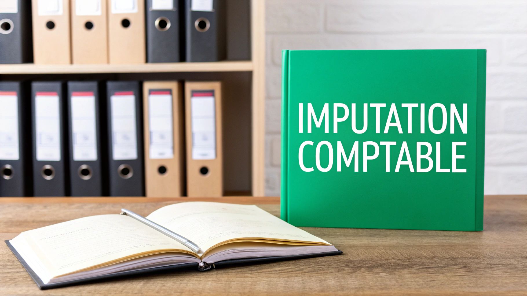 Un classeur vert avec l'inscription 'IMPUTATION COMPTABLE' sur un bureau en bois, entouré de dossiers et d'un carnet ouvert.