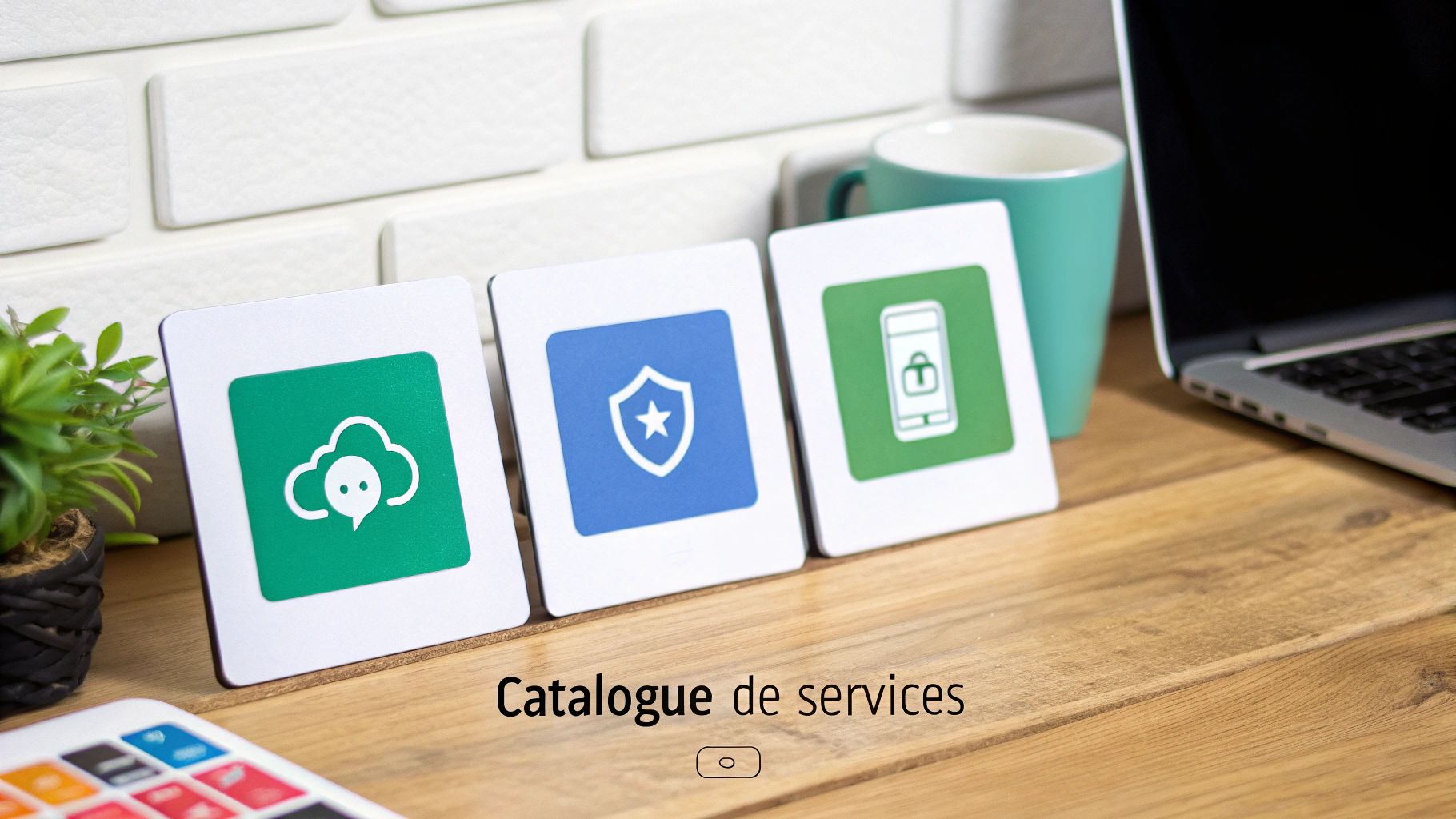 Trois cartes avec icônes de cloud, sécurité et mobile sur table en bois. Catalogue de services affiché.