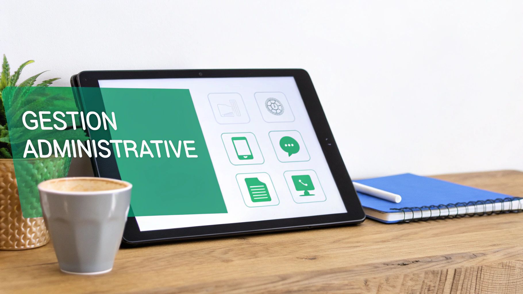 Tablette numérique affichant "GESTION ADMINISTRATIVE" et icônes, avec cahier, tasse de café et plante sur un bureau en bois.