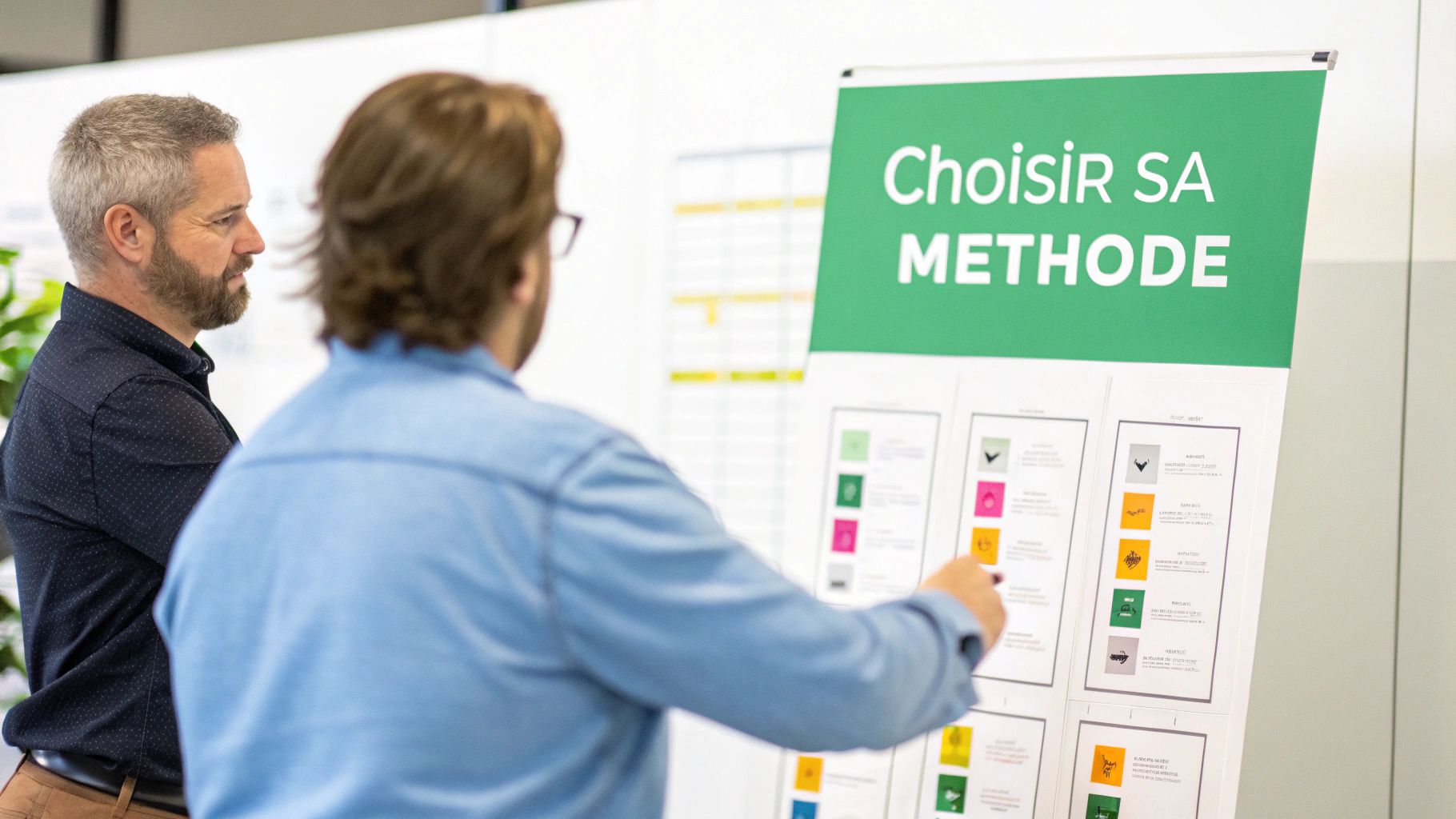 Deux hommes examinent un tableau vert et blanc intitulé "Choisir SA MÉTHODE", l'un pointant une option.
