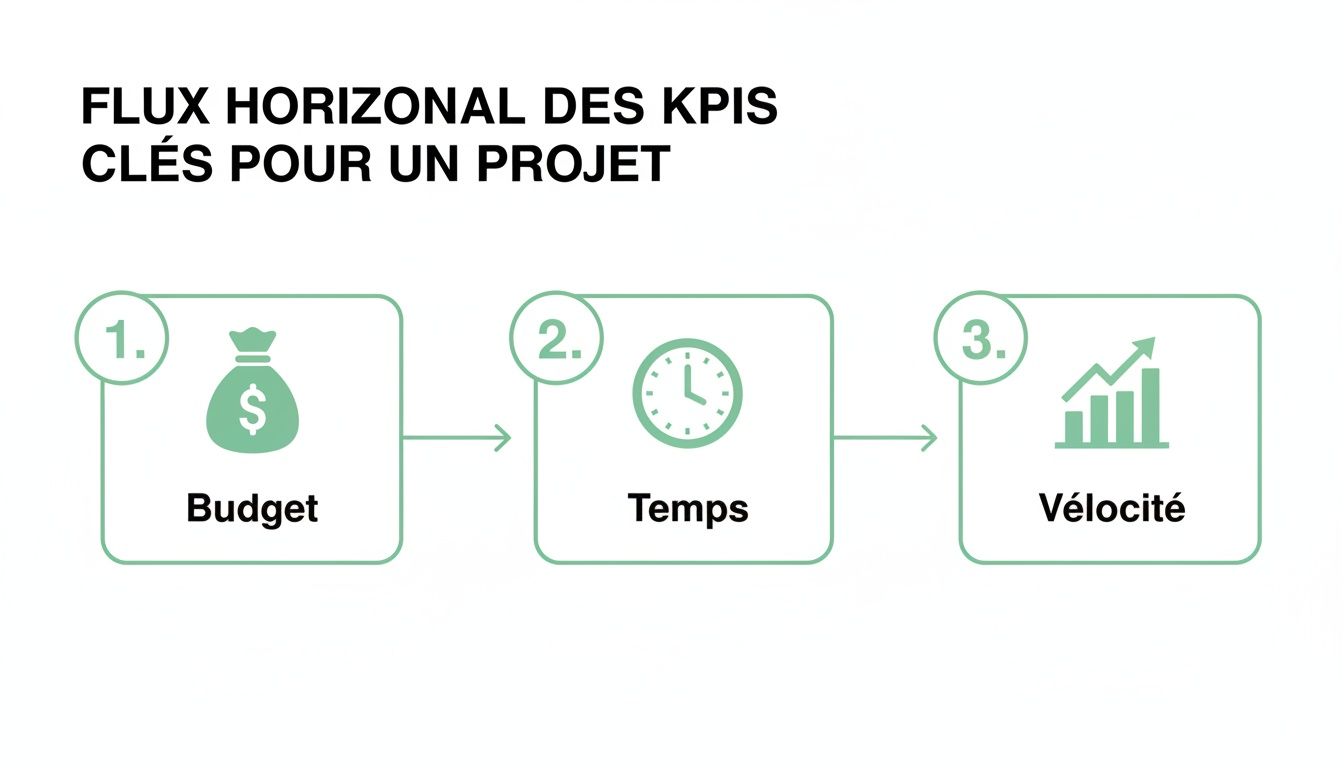 Diagramme montrant un flux horizontal des KPIs clés pour un projet, incluant le Budget, le Temps et la Vélocité, avec des icônes.