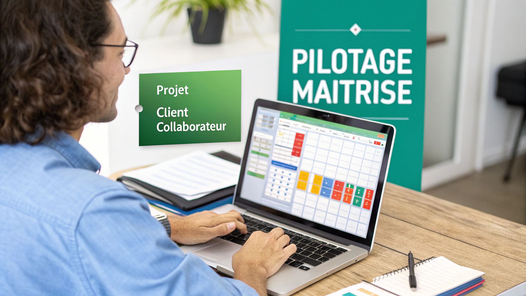 Un homme travaille sur un ordinateur portable, avec un tableau de bord de gestion de projet. "Projet", "Client", "Collaborateur", "Pilotage Maîtrise" sont affichés.