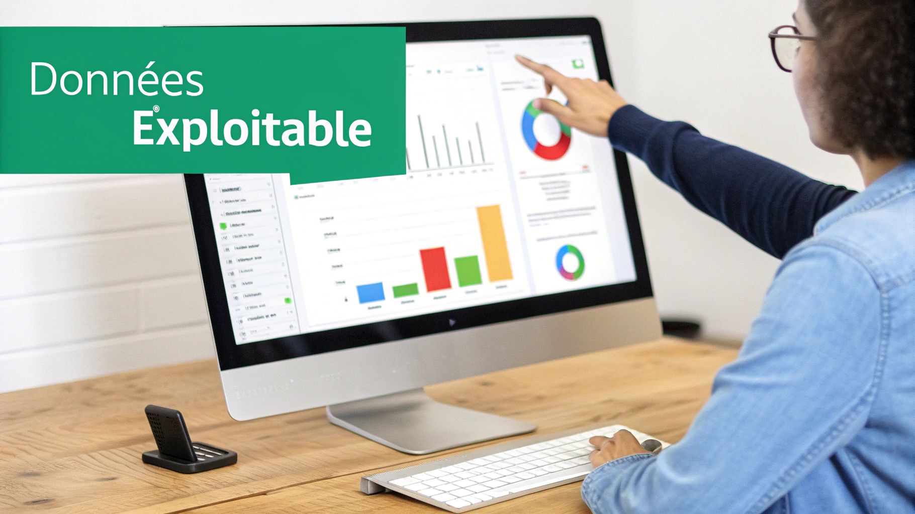 Une personne interagit avec un tableau de bord numérique affichant des graphiques de données exploitables sur un écran d'ordinateur.