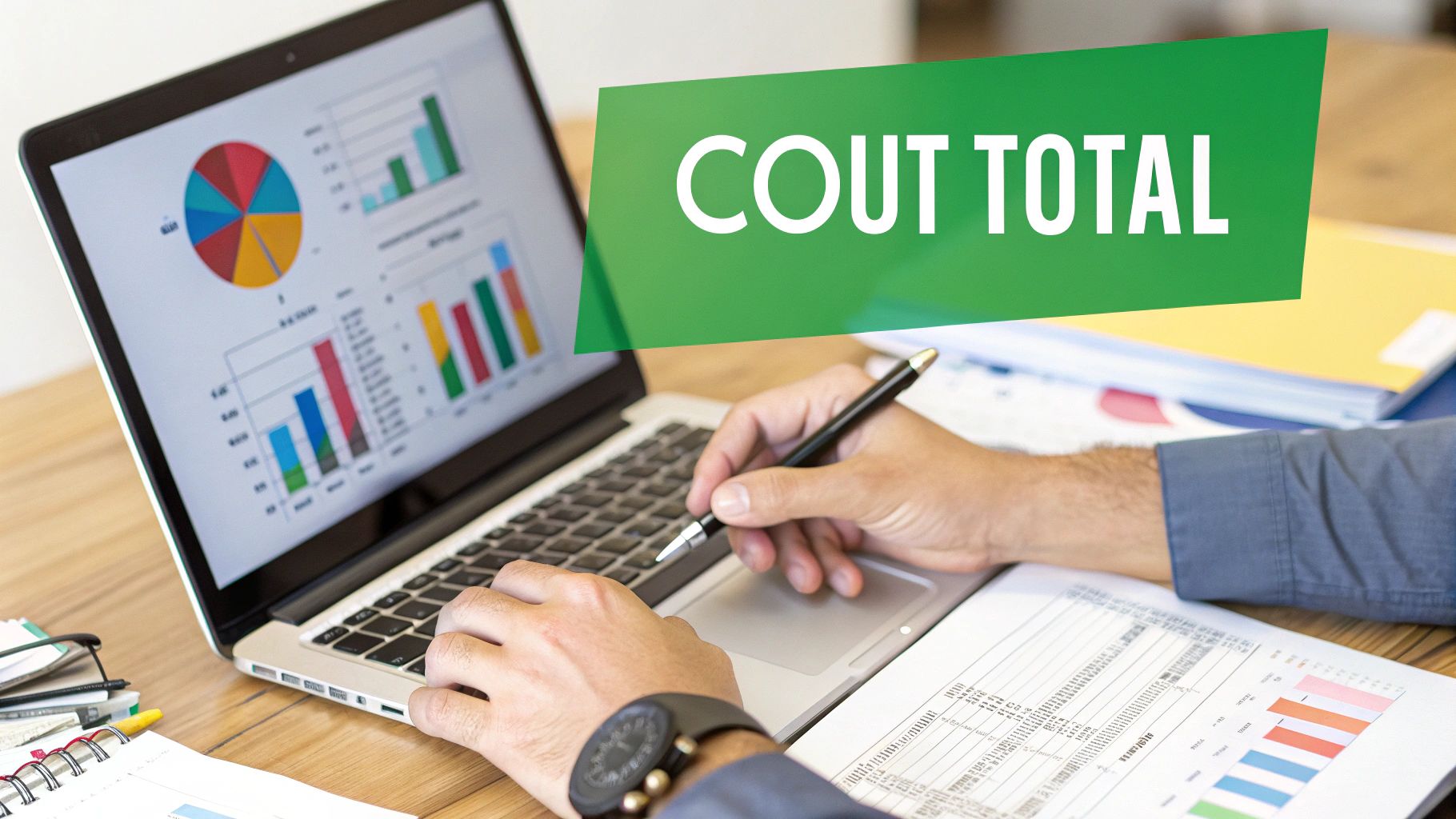 Personne analysant des données financières sur un ordinateur portable et des documents, avec la bannière "COUT TOTAL".