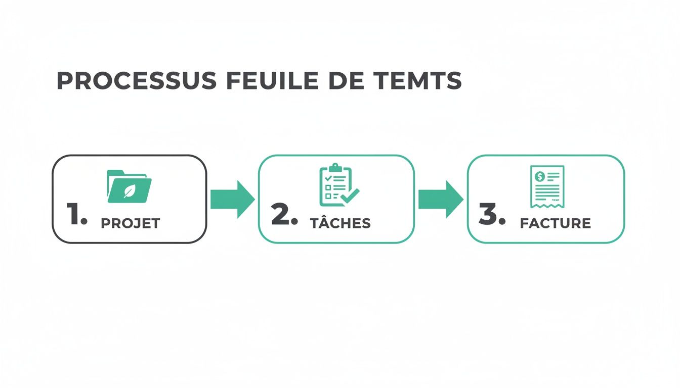 Illustration du processus de feuille de temps en trois étapes: Projet, Tâches et Facture, avec des icônes explicatives.