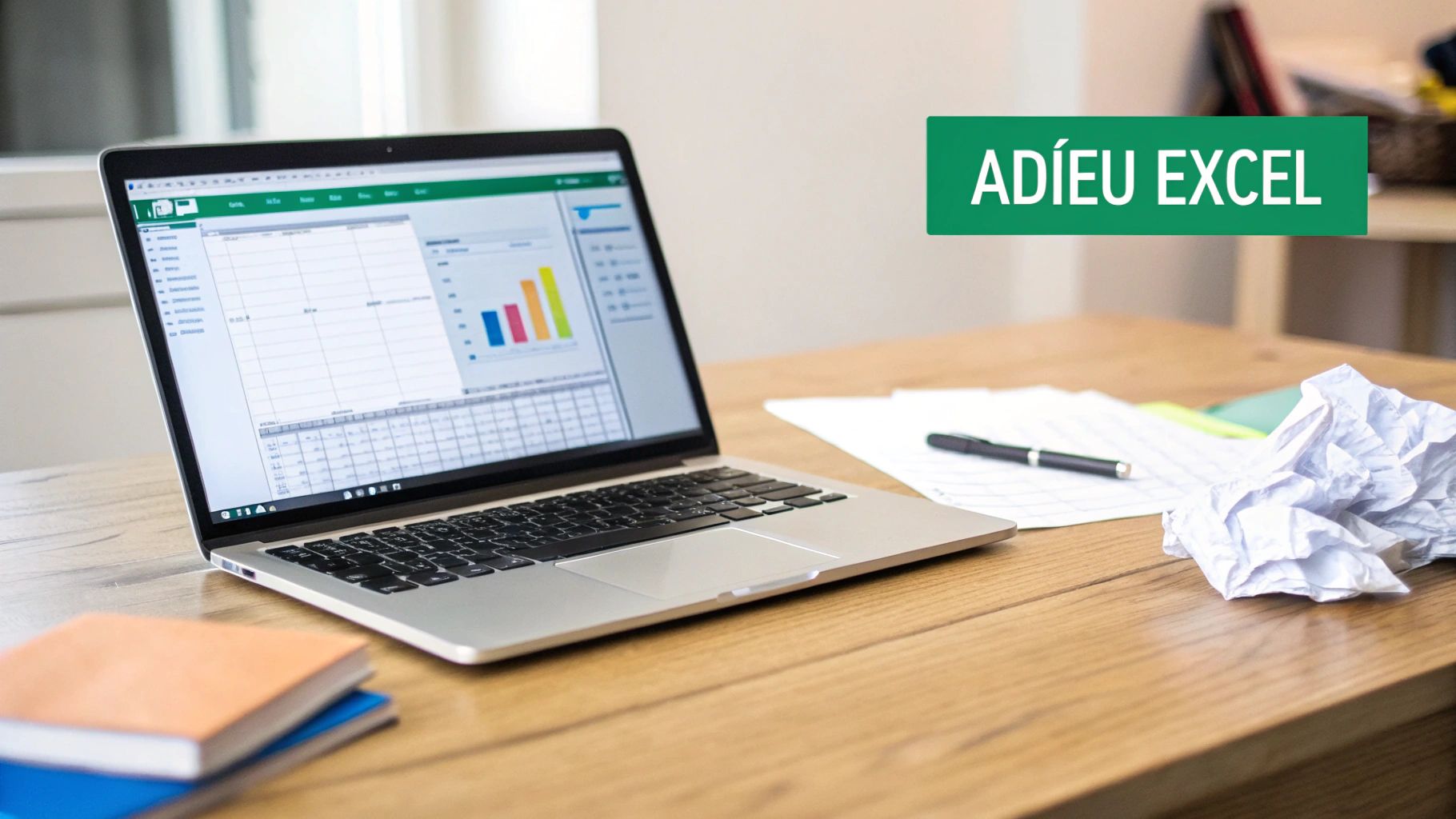Ordinateur portable sur un bureau en bois affichant un tableur avec des données et un graphique, avec le texte "ADIÉU EXCEL".