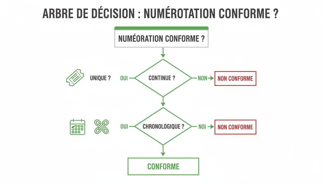 Arbre de décision expliquant les critères (unique, continu, chronologique) pour une numérotation conforme.