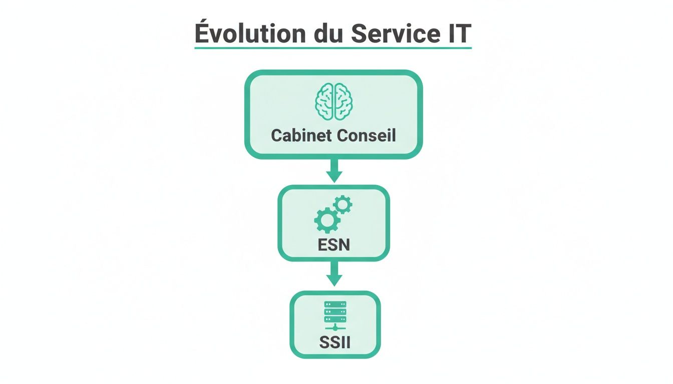 Schéma montrant l'évolution des services informatiques, du conseil aux ESN et SSII, avec icônes.