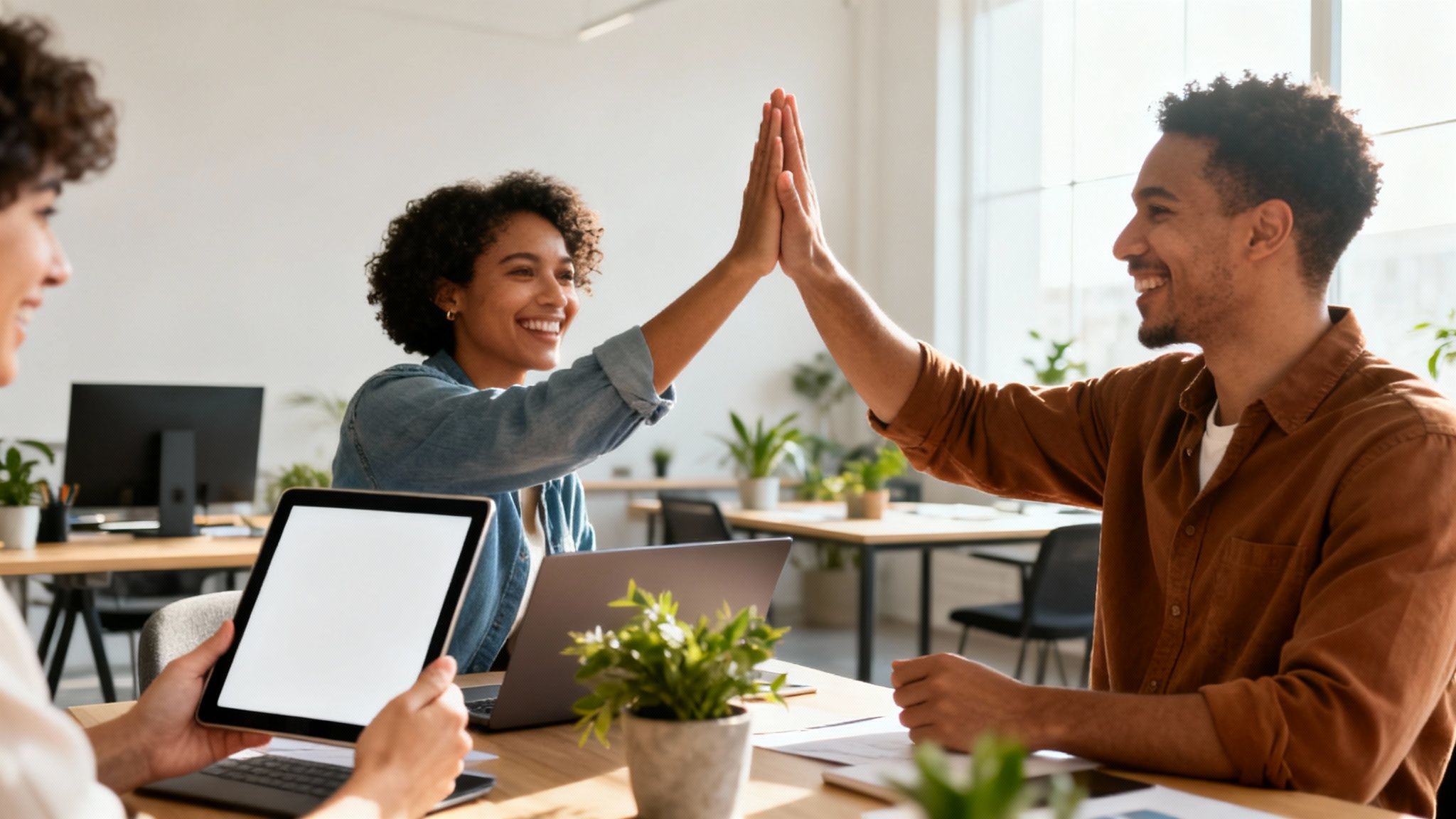 Trois collègues souriants dans un bureau moderne, deux d'entre eux se donnant un high-five, symbolisant la réussite et la collaboration.