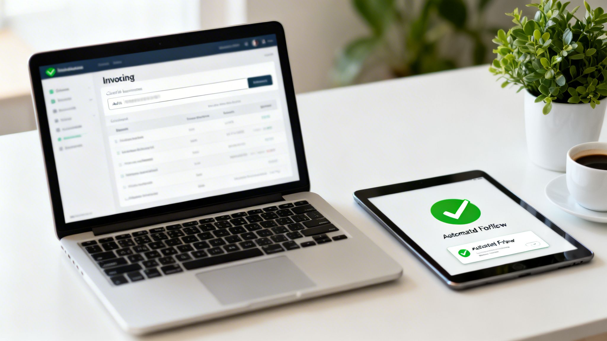 Ordinateur portable et tablette affichant des solutions d'automatisation pour la facturation et les flux de travail.