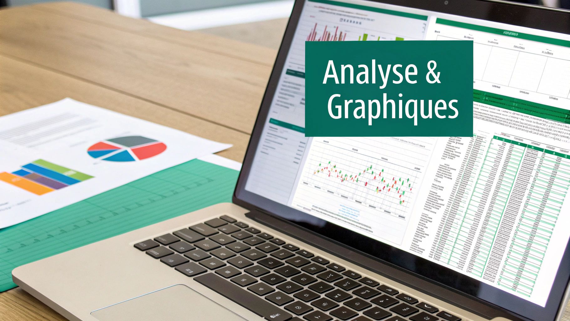 Ordinateur portable affichant des analyses de données et graphiques, avec des documents imprimés sur un bureau en bois.
