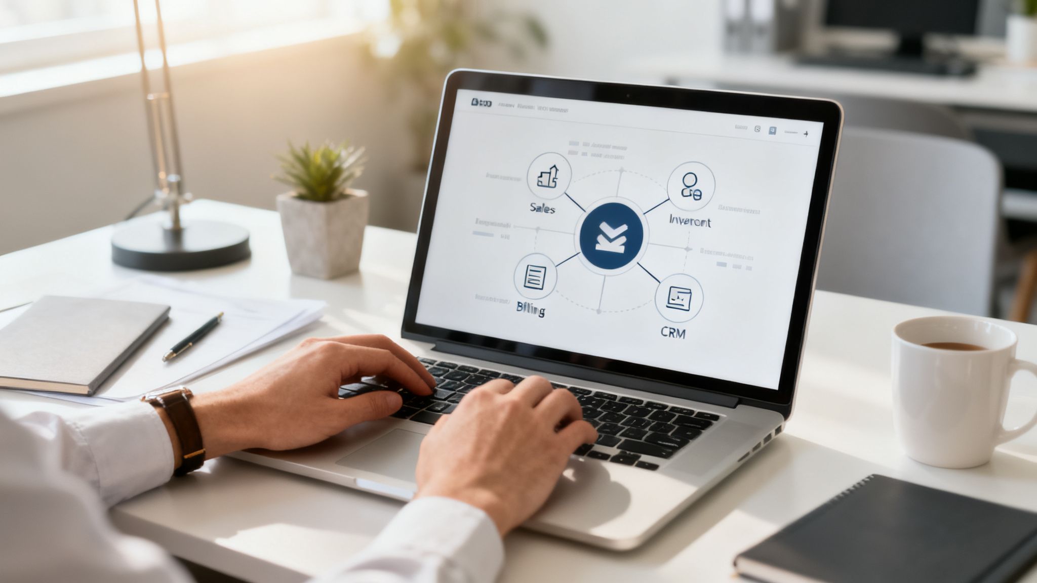 Un homme travaille sur un ordinateur portable affichant un diagramme de système ERP intégré pour la gestion commerciale.