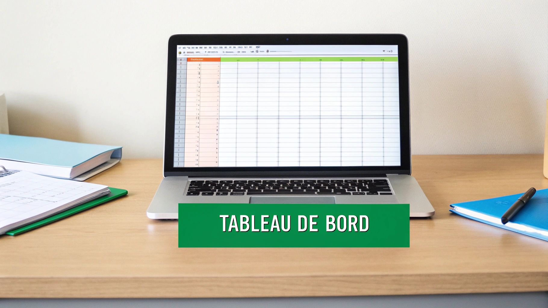 Ordinateur portable sur un bureau en bois affichant un tableau de bord avec des données financières.