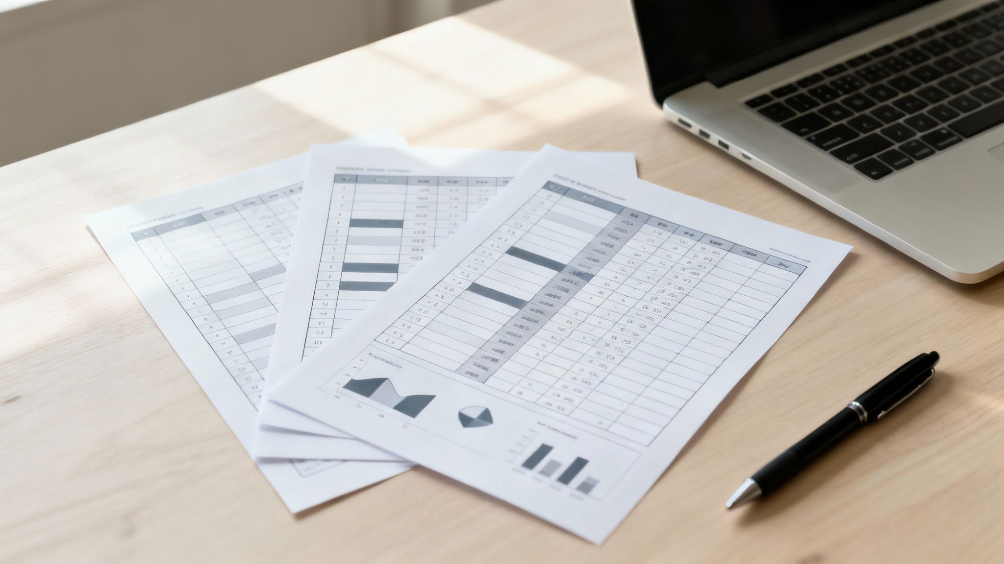 Bureau en bois avec des documents financiers, un ordinateur portable et un stylo, éclairé par la lumière du jour.
