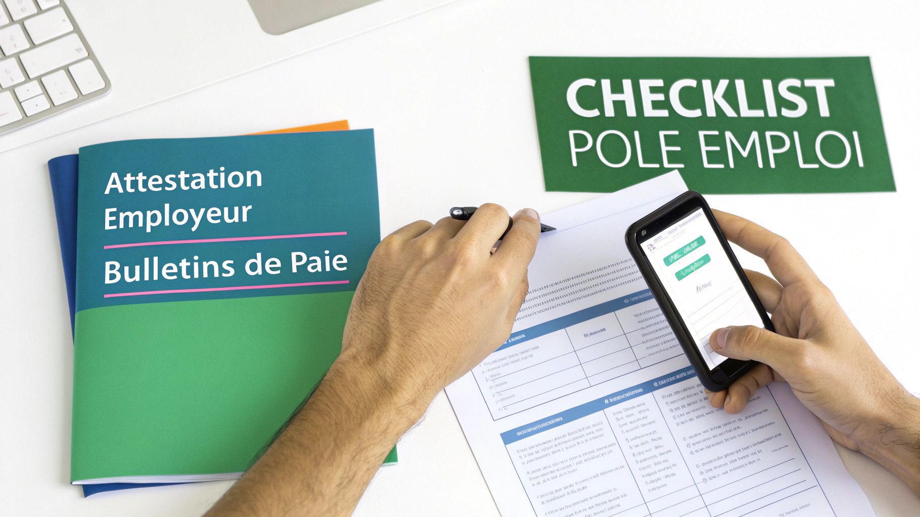 Une personne prépare des documents pour Pôle Emploi, incluant attestation employeur et bulletins de paie, avec une checklist et un smartphone.