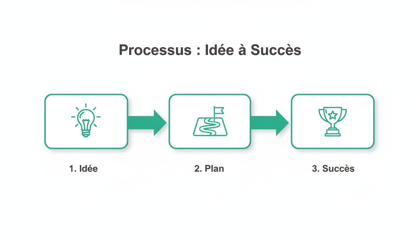 Infographie illustrant le processus de l'idée au succès en trois étapes: idée, plan et succès.