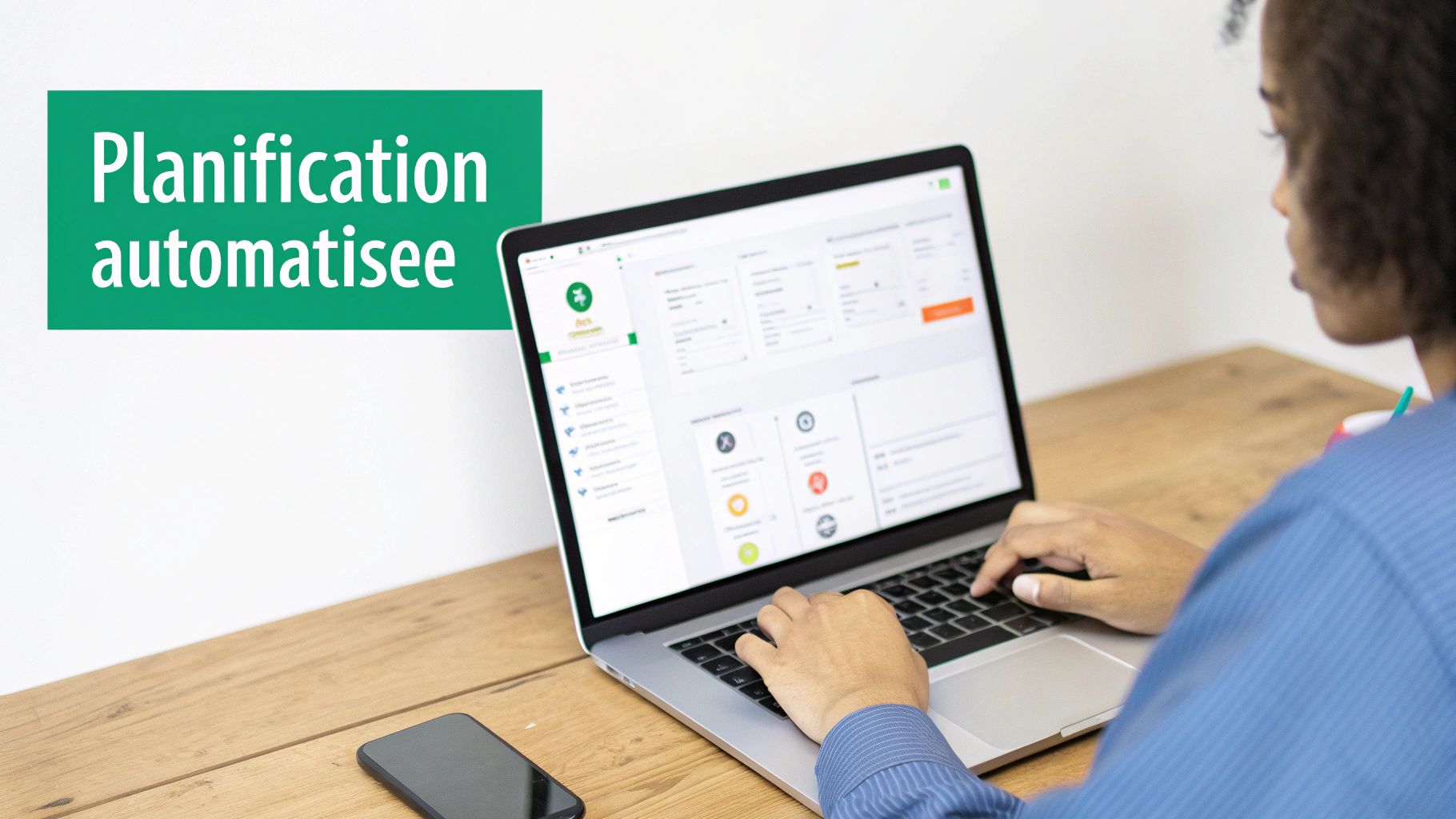 Une personne travaille sur un ordinateur portable affichant une application de gestion, avec le texte "Planification automatisée" en vert.