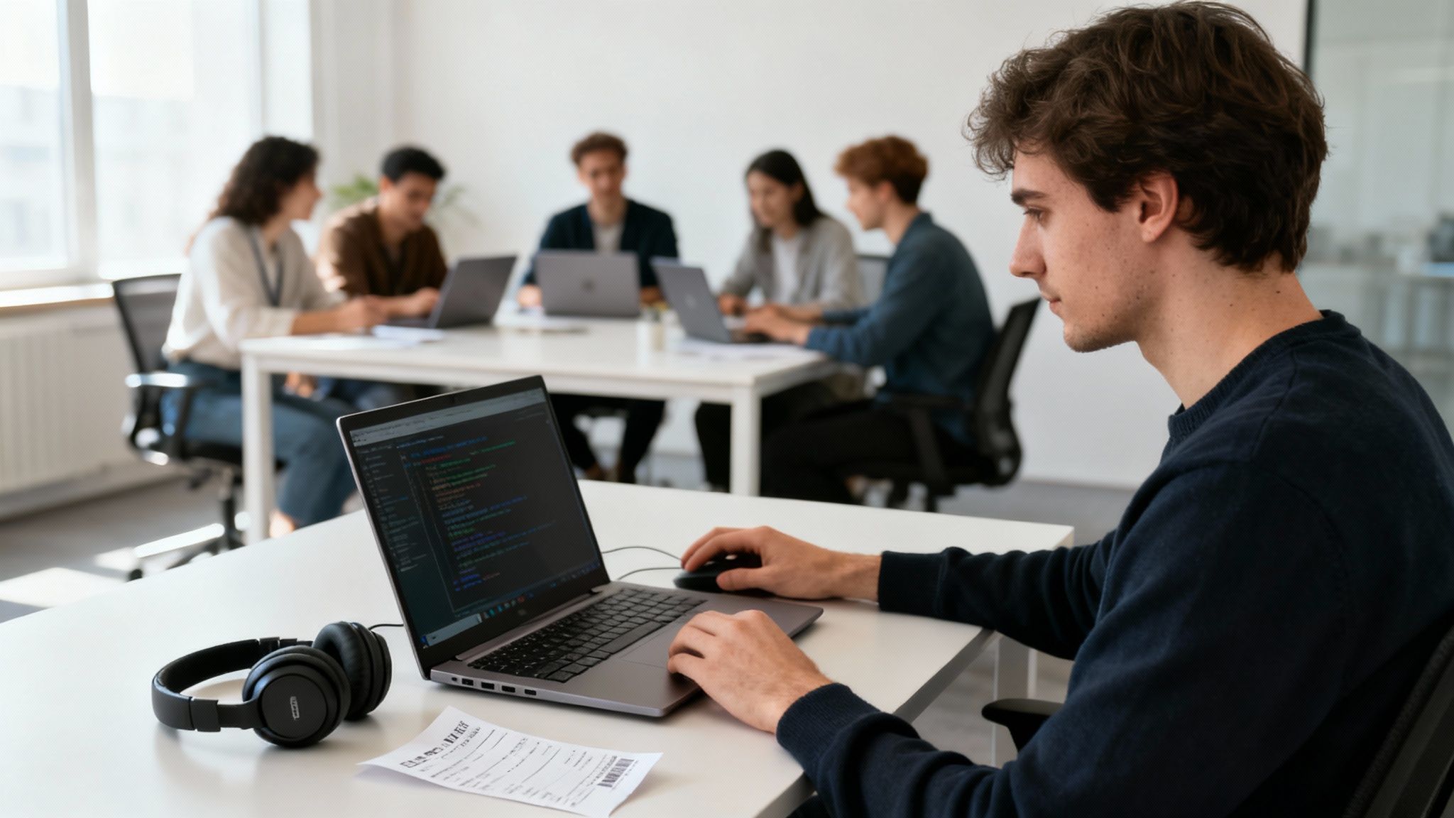 Un jeune homme aux cheveux bouclés code sur un ordinateur portable, avec des écouteurs à côté de lui, dans un bureau moderne et lumineux. D'autres personnes travaillent en arrière-plan.