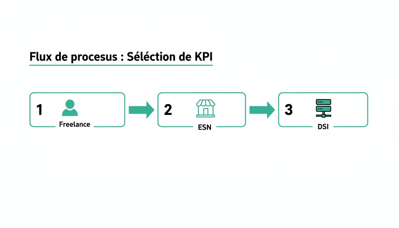 Diagramme de flux en trois étapes illustrant le processus de sélection des KPI : Freelance, ESN, et DSI.