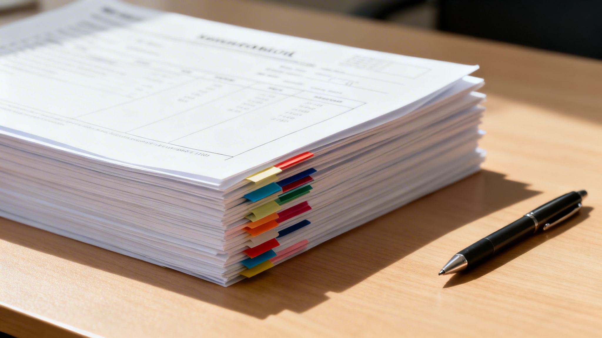 Pile de documents avec onglets colorés et stylo sur un bureau en bois, suggérant l'organisation de factures.
